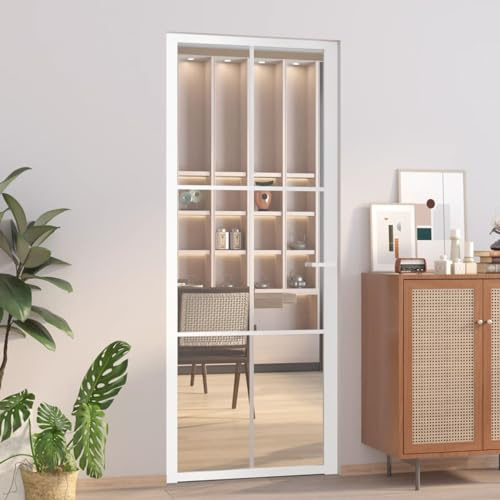 IKAYAA Porta Interna in Vetro Porta da Interni Battente Porta Vetro per Bagno Cucina Studio in Vetro e Alluminio-Bianco e trasparente-83 x 201.5 cm