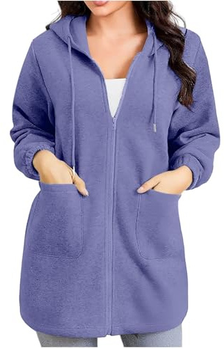 KUIH Zip Up Hoodie Women Fleece Longline Hoodie Plain Hooded Sweatshirts Full Zip Fleece Jackets Long Hoody Warm Zipped Cardigan Loose Fit Sweater Fall Outfits Winter Long Coats with Pockets Purple