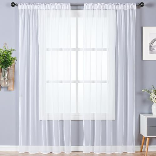 Alaoo Set of 2 Voile Curtains, 56 x 63 Inches White Net Curtains Woven Eyelet Voile Sheer Panels Semi Transparent Window Treatment for Kitcken Living Room Bedroom