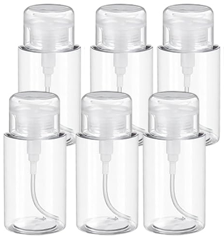 SeewtLice 6 Pcs Push Down Pump Dispenser, Lockable Empty Refillable Bottles for Nail Polish Remover, Acetone & Makeup Remover, 6.8oz/200ml Clear Cosmetic Container with Labels