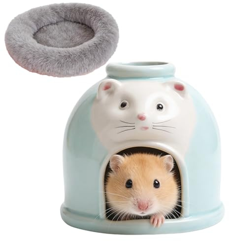 Ceramic Hamster Hideout Rats Hides House Gerbil Hideaway Large Cave with Warm Bed for Dwarf Hamster Mouse Mice Syrian (Blue)