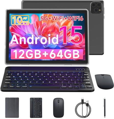 Vyrolinia Tablet Android 15 10 Inch 12GB RAM+64GB ROM/ 1TB Expandable Tablet, 1280 * 800 HD Touch Screen, 5G WiFi6 BT 5.0, 2 in 1 Tablets with Keyboard Case Mouse Stylus (Black)