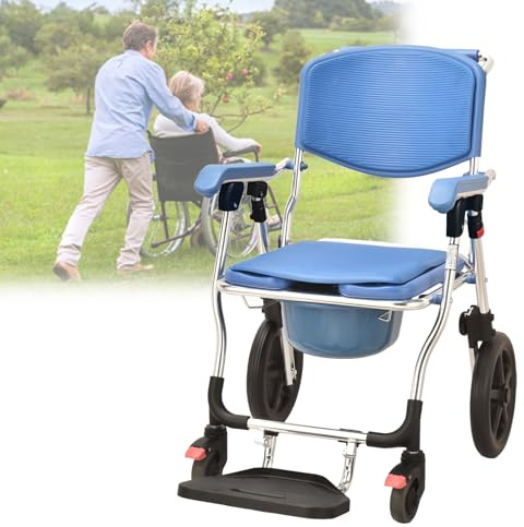Toilette portatile con ruote, sedia a rotelle pieghevole, sedile mobile con secchio rimovibile, per anziani e disabili