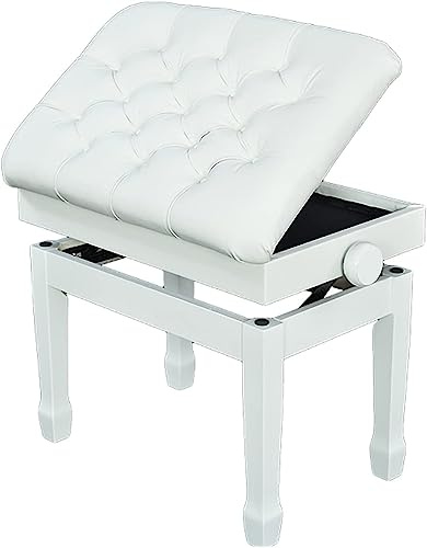 Pianopall, sminkbord, pall, höjdjusterbar pianobänk med notförvaringsfack, pianostol med massivt trä, perfekt för hemmaövning, vit-1,White-1