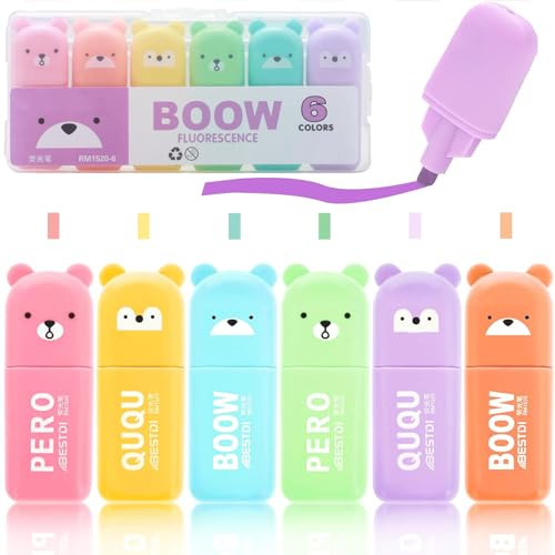 LEMONSTONE highlighter set 6 färger, överstrykningspenna i björnform för fina och tjocka linjer, grundskola minimarkörpennor set, highlighter för gåvor, fest, skola och vardag (björn)