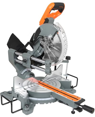 10-Inch Compound Miter Saw, LAZYLAND 15A 5000RPM Sliding Miter Saw with Dual Bevel 0-45°, LED WorkingLight and Dust Collection Bag for Woodworking Projects