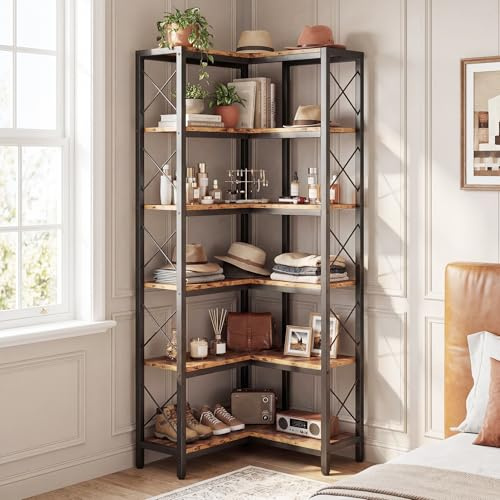IRONCK Bücherregal, 6-stöckiges L-förmiges Eckbuchregal mit verstellbaren Füßen, Industrielles Eckregal für Wohnzimmer, Schlafzimmer, Home Office, Rustik Braun, 60×60×167cm