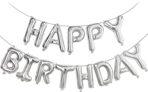 YuBeiKoo Silver Happy Birthday Banner Balloon 16 Inch Foil Letters Balloons, Birthday Decorations and Party Supplies, Suitable for Kids Boys Girls & Adults, Party Backdrop