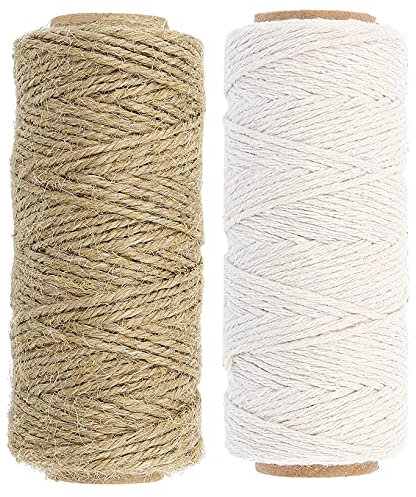 2-teiliges Set Juteband 40m und Baumwollschnur 60m auf Spule gerollt, Bindeband Kordel Schnur zum Einpacken, Dekorieren, als Paketschnur, für die Gartenarbeit