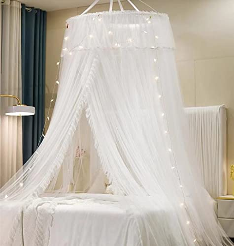 VETHIN Princess Bed Canopy for Girls Double Layer Sheer Mesh Dome Elegant Lace Mosquito Net Bed Curtain for Full Queen King Bed(White/White)