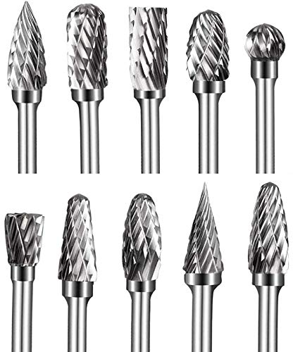 Double Cut Carbide Burr Set Compatible with Dremel Rotary Tool, 10Pcs Rotary Burrs Set Die Grinder Bits with 3mm Shank for Metal Polishing DIY Woodworking Carving Engraving