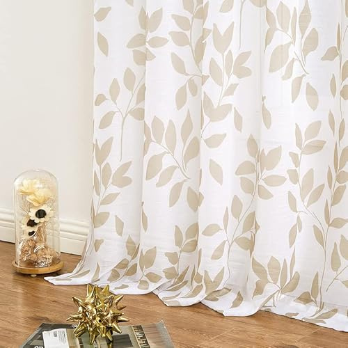 Treatmentex Cortinas Traslúsidas con Estampado de Hojas para Salón, Cortinas de Ventana Botánicas para Dormitorio con Textura de Lino Claro 2 Piezas, 136x260cm, Blanco y marrón Claro