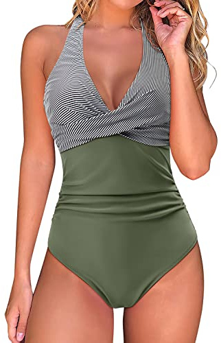 RXRXCOCO Badeanzug Damen Bauchweg Push Up Shape Bademode Neckholder Badeanzug Rückenfrei Streifen Grün M