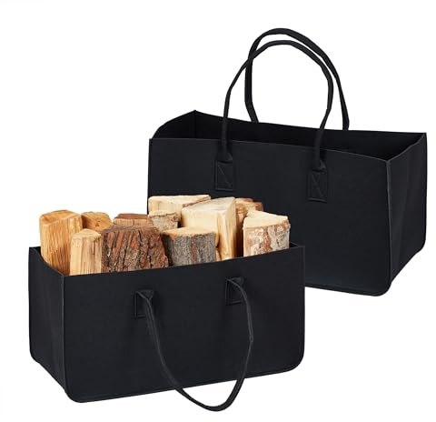 Relaxdays Panier à bûches, Lot de 2, Feutre, Sac de Rangement, pour Bois de Chauffage, 28 litres, avec poignées, Noir