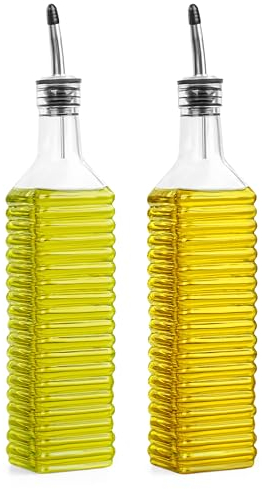 Winter Shore Lot de 2 Bouteilles à Bec Verseur pour Huiles et Vinaigrettes en Verre Cannelé 500ml - Distributeur Huile d'Olive - Bouchon Anti-Goutte - Verre Borosilicate Sans Plomb ni BPA