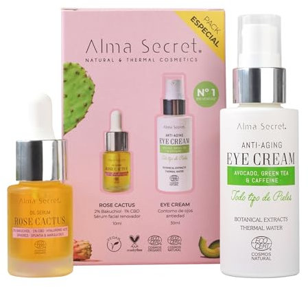 Duo Antiedad: Pack Cofre Contorno de Ojos Alma Secret de Aguacate, Té Verde y Cafeína 30ml + Sérum Facial Rose Cactus10ml - Eye Cream y Serum Hidratante, Reafirmante, Vegano ECOCERT COSMOS NATURAL