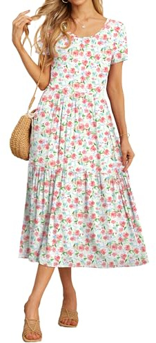 GRECERELLE Womens Summer Maxi Dress Casual Short Sleeve Crew Neck Swing Flowy Tiered Party Dresses with Pockets for Weddings, Holidays (White Pink Rose, S)