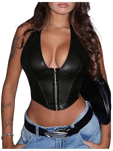 Floerns Women's Y2K PU Leather Halter Neck Hook Eye Backless Asymmetrical Party Crop Tank Top Black X-Small