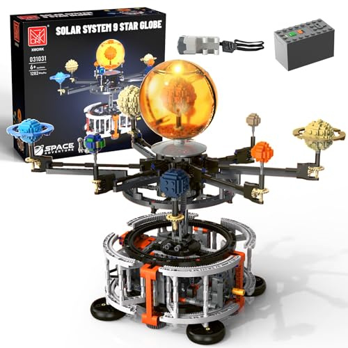 MOCBURIKU Kit de Construction de Système Solaire avec LED Lumière, 1282Pcs | 8 Planètes avec Soleil Lumineux, Modèle de Système Solaire à Rotation Électrique et Manuelle, Cadeau pour Garçon dès 8 Ans