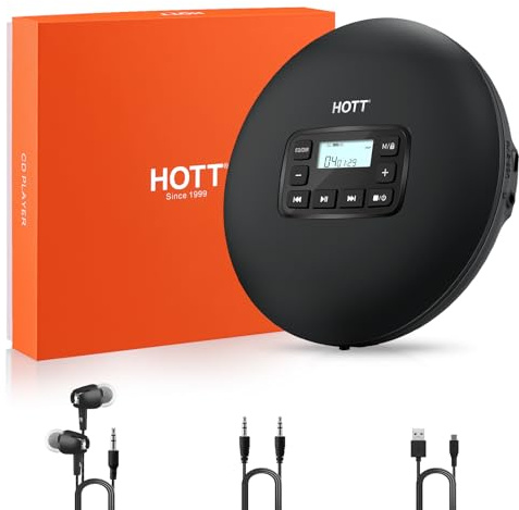 HOTT C204 Basic Portable CD Player with Anti-Skip Protection - AA Battery Powered, Compact MP3/CD-R Compatible, Headphones & AUX Output for Car, Home, Travel