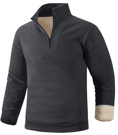 Gihuo Herren-Sweatshirts mit Viertelreißverschluss, Winter, warm, Sherpa-Fleece, gefüttert, Dunkelgrau, Large