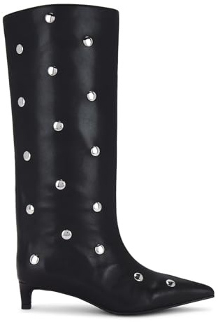 QIV Black Studded Knee High Boots Women Pointed Toe Kitten Heel Mid Wide Calf Boots with Zipper Size 9.5