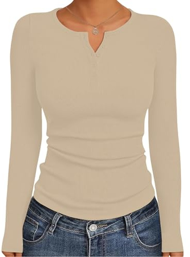 GLEENOD Långärmad damtröja elegant basic ribbad topp Y2K modern t-shirt långärmad Henley-skjorta med knappslå, Aprikos, M