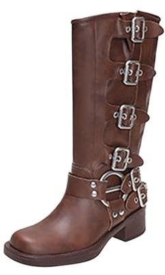 Generisch Mid-Calf - Stivali invernali da donna, gotici con fibbia, tinta unita, altezza del polpaccio, antiscivolo, con tacco grosso, plateau, marrone, 38 EU