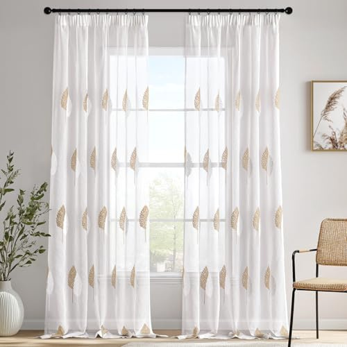 MIULEE Tende Trasparente per Interni con Fettuccia, Tenda Finestre con Motivo a Foglia Ricamata, Tende Voile per Camera da Letto Moderne Casa Soggiorno e Salotto 2 Pezzi 140x280cm Lino