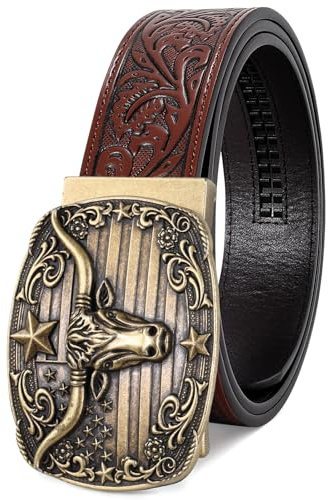 SANSTHS Cowboy Belt Embossed Leather Ratchet Belt for Men | with Automatic Alloy Buckle, Women Cowgirl Belt, Adjustable Western Buckle, for Jeans Pants, Halloween Cowboy Outfits
