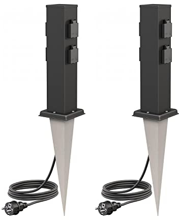 ledscom.de 2 Tomas de jardín Columna Polly con piqueta de Tierra y Cable de 2m para Exteriores, IP44, 4 vías, Acero Inoxidable, Angular, Negro, 40cm