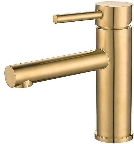 VALAZ Grifo Lavabo | Grifo Monomando Lavabo, Mezclador Agua Fría y Caliente, Ahorro de Agua | Instalación Facil y Rápida | Latón, Inoxidable, Elegante, Serie Palancia (Lavabo, Dorado Cepillado)