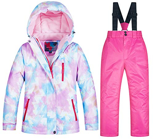 LSHDCER Mädchen Skianzug Winddichter Wasserdichter Schneeanzug Jungen 2 Teilig Winter-Skijacke mit Kapuze + Skihose Skianzüge Kinder, Rosa A, 122-128 (Etikettgröße: 8) F2A76A10