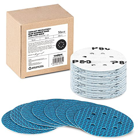 Diamond Shape 5 Inch 80 Grit Sanding Disc, Revolutionary Patent 8 Hole Hook and Loop Sanding Discs for Random Disc Sanders & Orbital Sanders (50Pack) by toolant