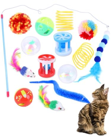 DERDOUT 14 Pcs Cat Toys for Indoor Cats Adults Kitten Toy Interactive Cat Feather Teaser Wand Mouse Spring Toy Cat Toys For Indoor Cats Adult， Interactive Kitten Cat Feather Wand Toys Cat Teaser Toys