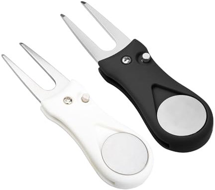 Golf Pitch Fork Faltbare, Edelstahl Golf Divot, Pitchgabel Golf, Ganzmetall Faltbares Golf Pitchgabel, Golf Foldable Divot Tool mit Pop-up Button, Für Männer Frauen Golfer, 2PCS Golf Pitchgabel.