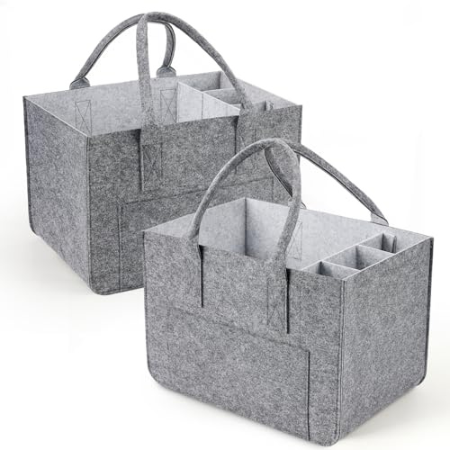 Eurhomewit Sac en Feutre Shopper avec Compartiments, Pliable et Robuste Sac de Course, 30L Panier Courses/Sac à Bouteilles/Sac à Vêtements/Sac à Jouets (Gris Clair/2 Pièces)
