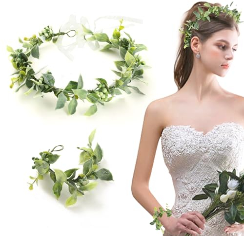 Calkrer - Couronne de fleurs artificielles - Avec bracelet réglable - Accessoire de mariée