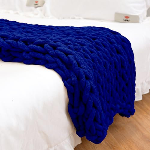 Handmade Chunky Cable Knit Chenille Blanket Soft & Cozy Navy Blue Throw for Sofa, Couch, Bench, Bed 80x80cm