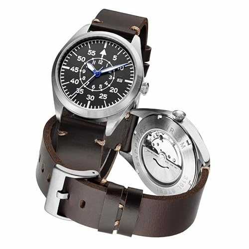 Boyarca Pilotenuhr Flieger Edelstahl Mechanische Automatikuhren Flieger Tauchen Armbanduhr Mechanische Uhren mit Leuchtend Wasserdicht Datum, Schwarz