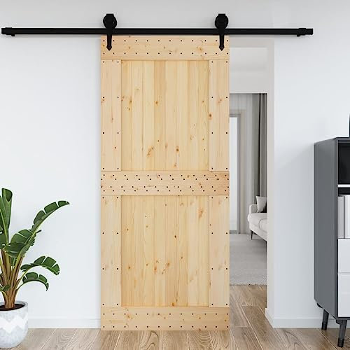 Annlera Porta scorrevole interna in legno di pino massiccio, per camera da letto, cucina, fienili, garage, ecc. Design salvaspazio, marrone e nero, 100 x 3,6 x 210 cm