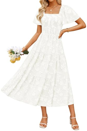 ZESICA Women‘s Summer Boho Floral Midi Dress 2026 Casual Short Sleeve Square Neck Flowy Beach Vacation Long Dress,White,Medium