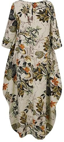 Abito Patchwork Floreale retrò a Collo Tondo con Maniche Lunghe e Ampia Gonna Lunga Swing per Le Donne, vestibilità Loose e Dimagrante con Maniche a Tre Quarti e Gonna A-Line