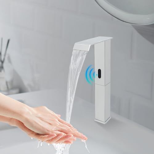 KiwiHood Grifo automático con sensor de infrarrojos negro, 31 cm de alto, sin contacto, grifo de lavabo con caño de cascada y válvula de temperatura ajustable para cocina y baño (plata)