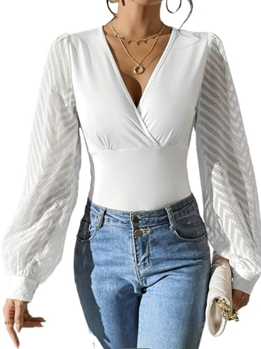 SUIUOI Maglia da donna a maniche lunghe – Elegante maglia con scollo a V, top avvolgente in rete, camicetta per ufficio e tempo libero, bianco, S