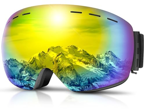 DADA-PRO Occhiali da sci Uomo Donna, Goggles per snowboard sopra gli occhiali OTG Anti-Appannamento, Goggles da sci senza cornice 100% Protezione UV (Oro)