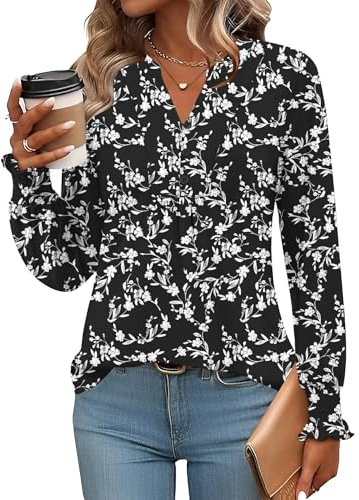 Rapbin Ladies Tops Long Sleeve T Shirt V Neck Elegant Floaty Floral Printed Tunic Blouse with Smocked Cuffs Black White Flower-L(UK 16-18)
