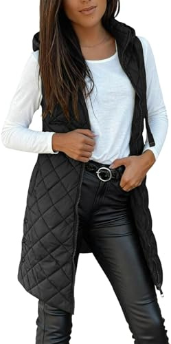 Gilet for Women Women's Long Quilted Gilets Ladies Sleeveless Zip up Hoodies Warm Jacket Vest Longline Thick Padded Waistcoat Warm Winter Coats Puffer Long Body-Warmer Coat with Pockets