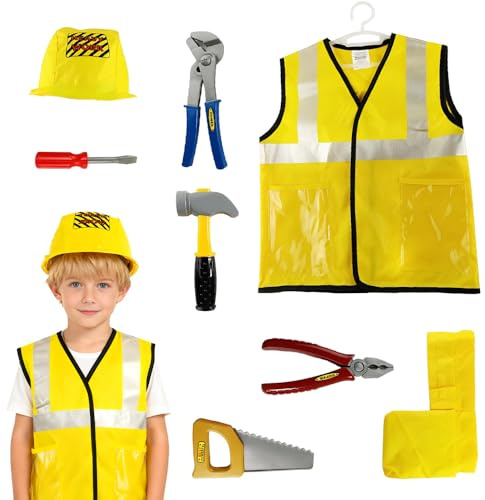 DAJASD 8 st byggnadsarbetare, kostym, barn, rollspel, verktyg, leksaksset, barn, byggare, lekset med lekverktyg, verktyg, tillbehör för karneval, halloween, jul, karneval, kostym, barn, pojkar