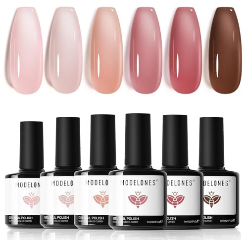 Modelones Esmaltes Semipermanentes para Uñas en Gel,6 Colores Kit Pintauñas Semipermanentes Uñas de Gel UV LED en Gel Nail Polish Esmalte Uñas para Manicura, Rosa Nude Marrón Rojo